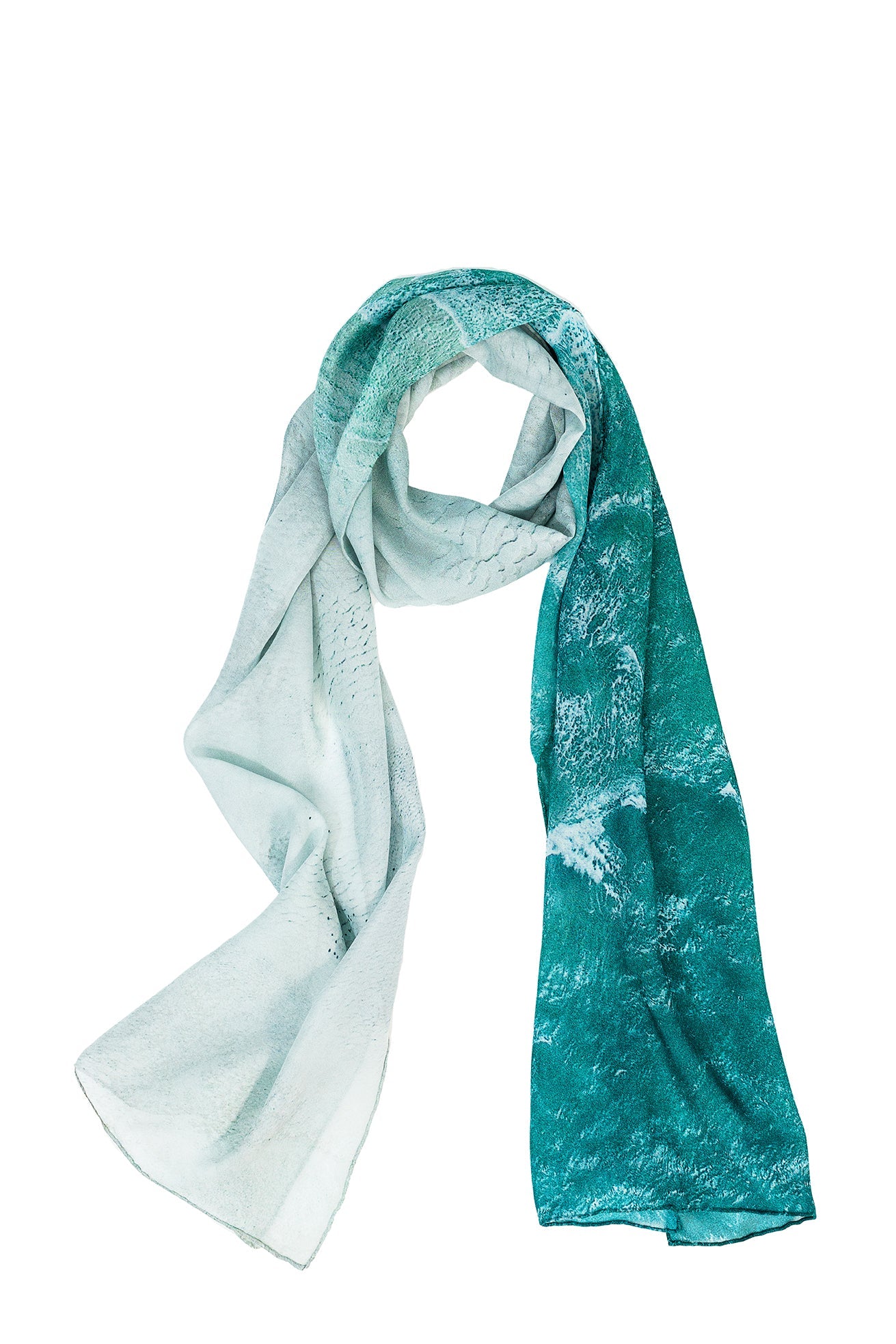 Silk scarf White Waves print from right the turquiose water waves lap at the white sand on left. Silk Scarf White Waves  Ocean Print 100% Silk Whitsundays 